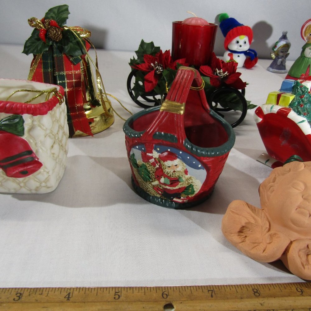 christmas nick knack, sled basket, angel, bell, sled with candle